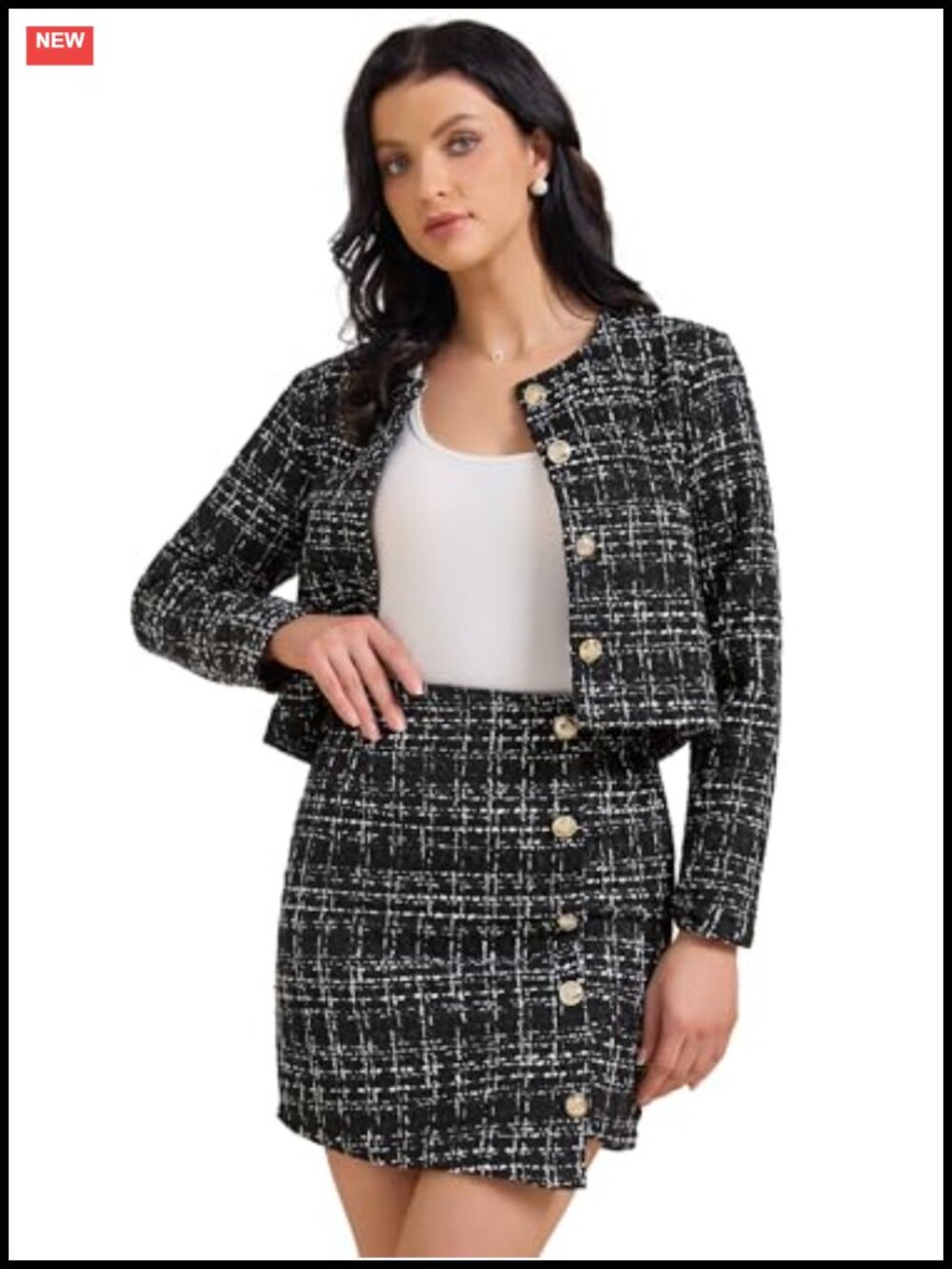 Tweed Blazer & Skirt Set, 2 Piece Button Down Suit